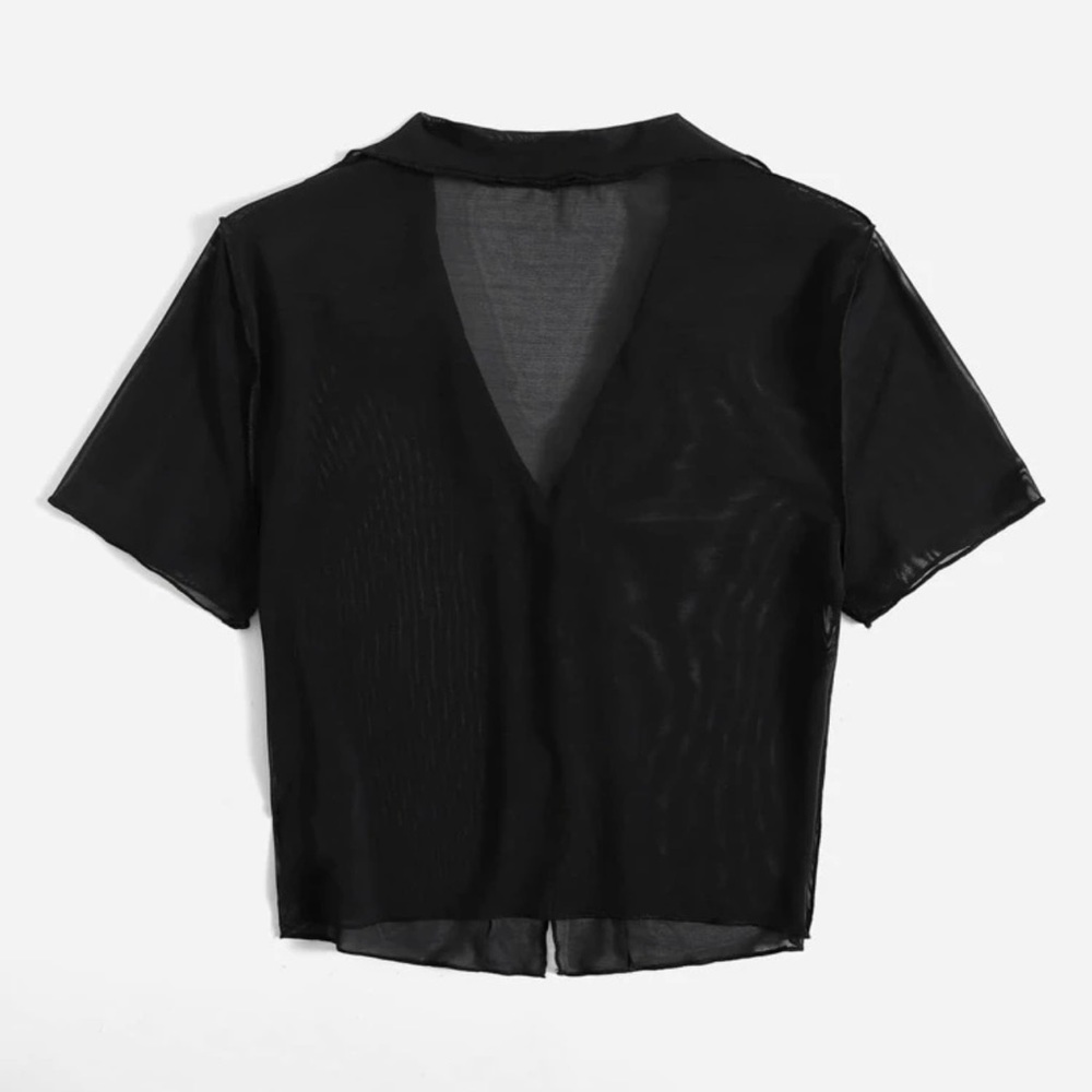 Black Sheer Cropped Collared Top NWT